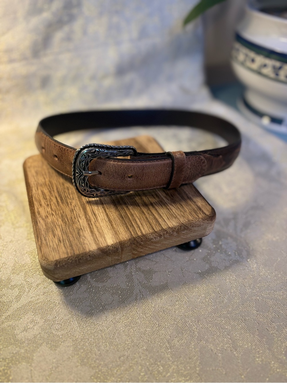 Cody James Brown Leather Belt with Decorative Silver-Tone Buckle